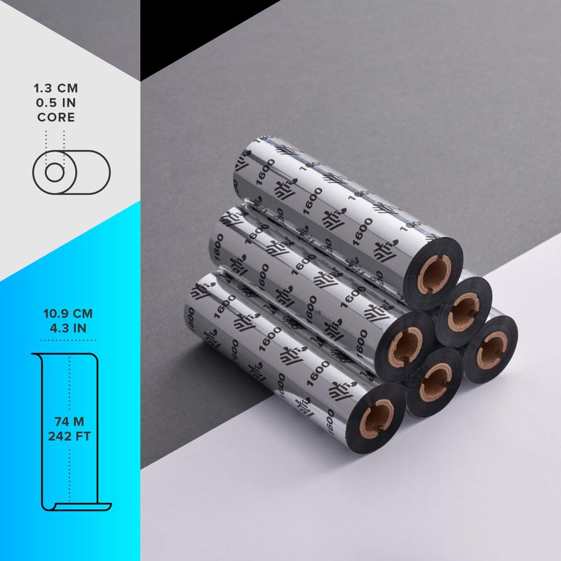 Zebra Standard Black Wax Ribbon for Thermal Transfer Desktop Printers Width 4.33 in Length 242 ft 0.5 in Core Pack of 6 Rolls Compatible with Multiple Models 10031723SP - Image 2